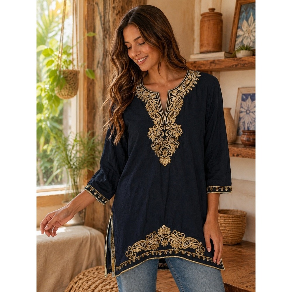 Famous Womens Navy Blue Gold Embroidered Tunic Top Boho XL 44 3/4 Sleeve V-Neck